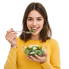 Happy Young Woman Eating Fresh Green Salad in a Glass Bowl, Enjoying a Healthy Meal with a Fork, on an Isolated transparent background