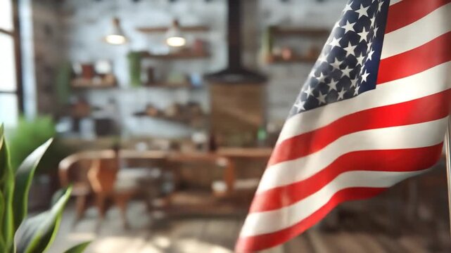 American flag in a rustic interior