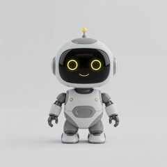 High-quality 3D render of a small, cute humanoid robot with glowing yellow eyes and a smiling face. The futuristic design is clean, friendly, and perfect for tech, education, or toys.