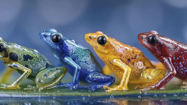 Vibrant Rainbow Poison Dart Frogs on a Leaf