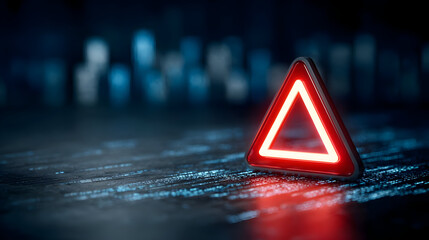 triangle glowing on a data breach alert panel with flickering code lines