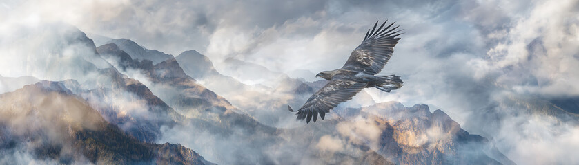 Obraz premium An eagle soars high against a lofty mountain peak and a vast, cloudy sky, Freedom and majesty
