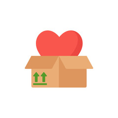 Fototapeta premium Vector icon of a heart coming out of a cardboard box, symbol of donation, charity, loving delivery and eco awareness.