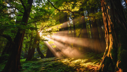 A picturesque forest interior showcasing sunlight filtering through a dense canopy of tall trees. Warm rays illuminate the woodland floor.