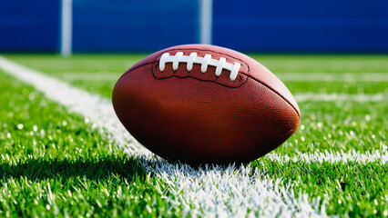 Classic Football on Green Field, A single, classic football rests on a vibrant green and blue artificial turf field. The football showcases traditional white lacing and is slightly angled.