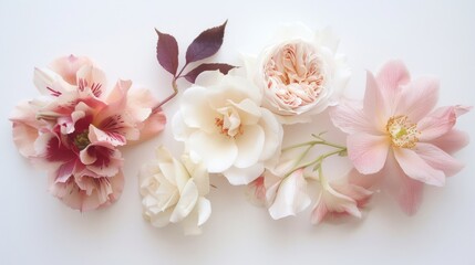 Naklejka premium Delicate flowers, varying hues of pink and cream, arranged on a clean white surface