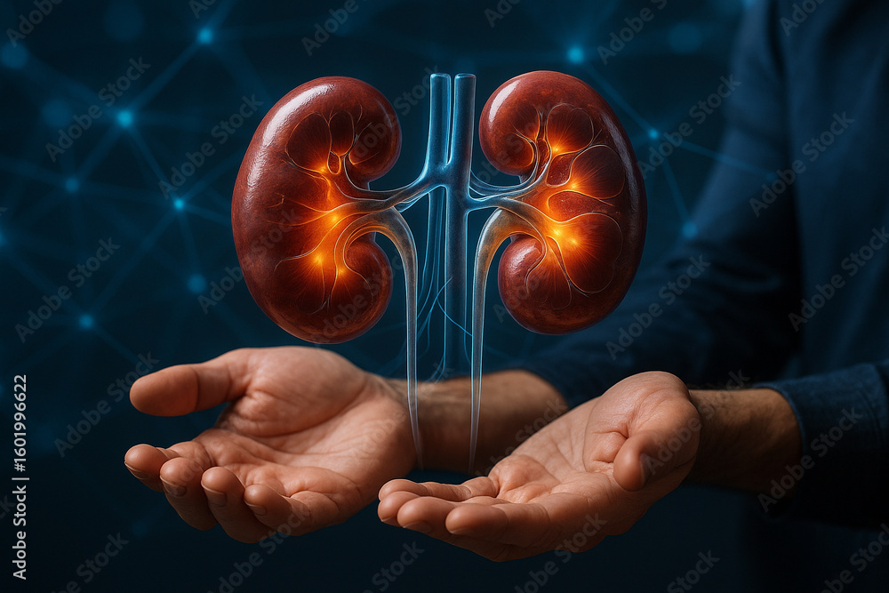 Poster ai generated ultra realistic kidneys floating above open hands glowing with orange light symbolizing