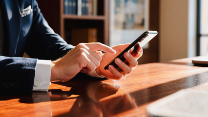 Professional Using Smartphone at Desk, A person in a suit utilizes a smartphone while seated at a wooden desk, surrounded by books.