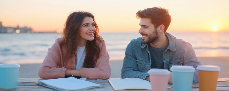 Couple talking beach sunset