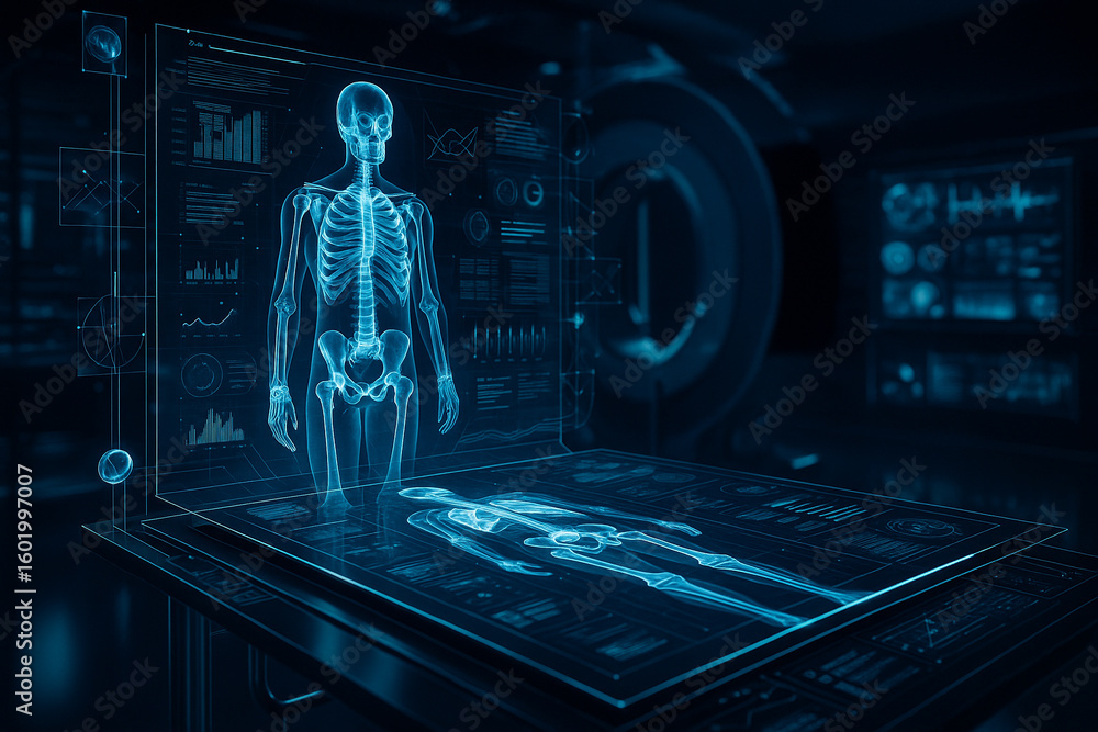 Poster ai generated hyper realistic image of full body holographic medical scan with glowing skeleton anato