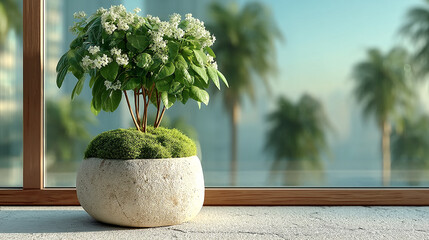 Green plant with white flowers in a modern pot by glass window with palm trees in the background during sunny day