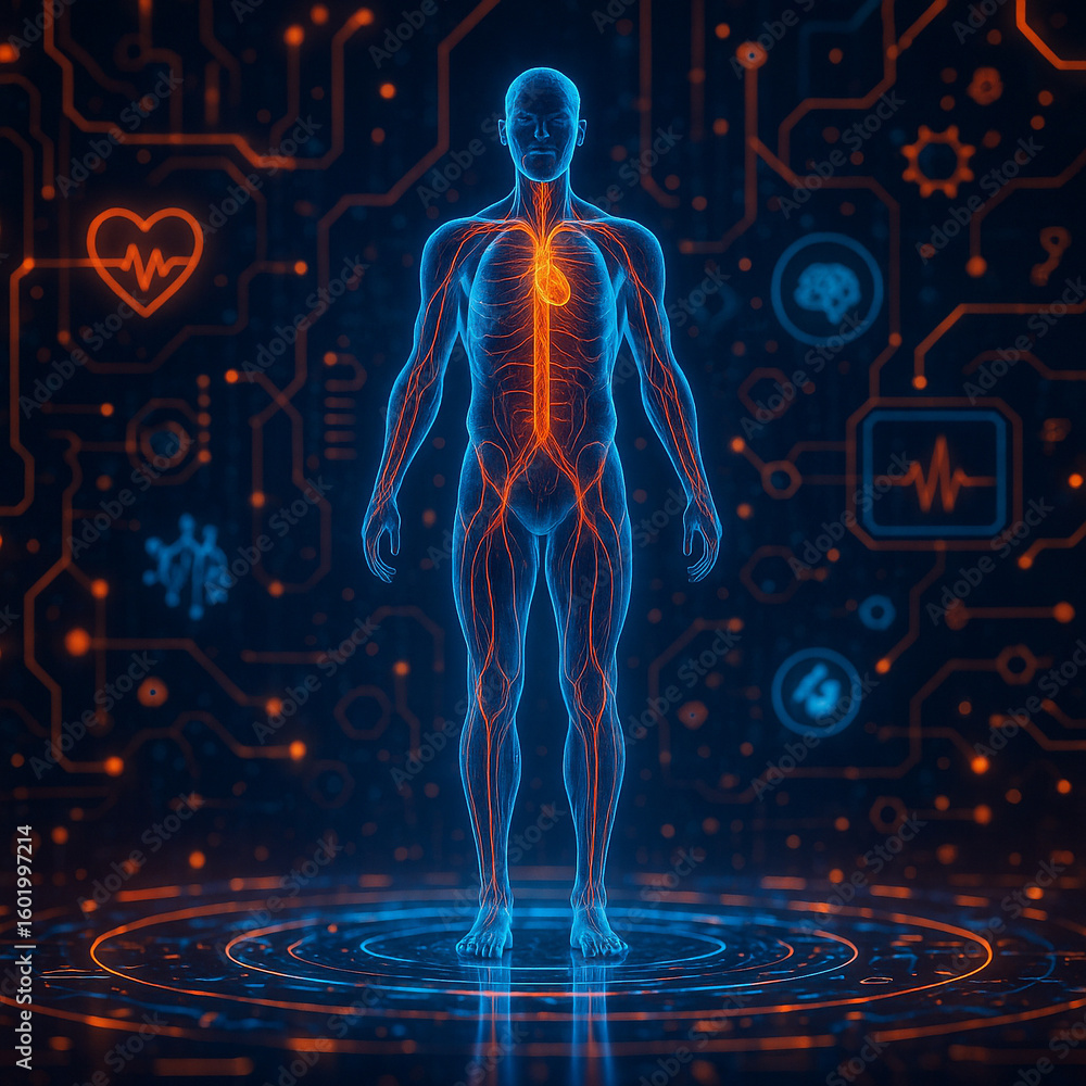 Poster ai generated digital human figure integrated with glowing circuits and bioenergy scan interface show