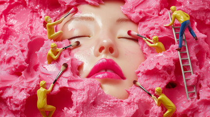 Surreal makeup scene with miniature figures applying pink cosmetics on female face