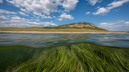 Underwater ocean view with grassy seabed and scenic coastal landscape