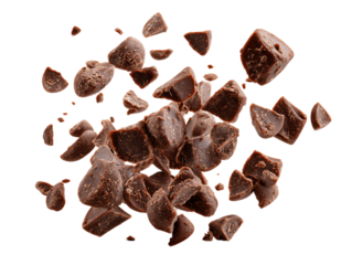 Dark Brown Chocolate Chunks Levitating Against Transparent Background, PNG
