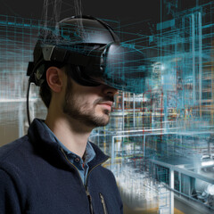 Plant simulation. Engineer using VR headset for immersive simulation experience