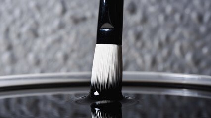 Paintbrush Splash - Black and White Paint Action, A close-up shot of a paintbrush immersed in black and white paint, creating a dynamic splash. The brush is centrally positioned.