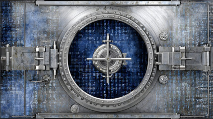 of a safe vault surrounded by binary code, symbolizing data encryption
