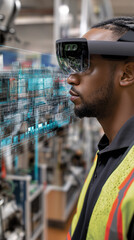 Plant simulation. Worker observing a simulation model of a production line in an industrial setting.