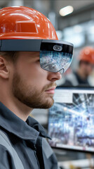 Plant simulation. Worker observing simulation model of production line in industrial setting.