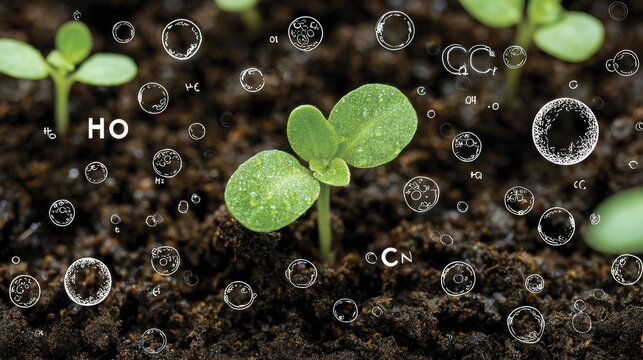 Growing Green: A detailed look at the cycle of life, illustrating plant germination with tiny green sprouts pushing through rich soil, surrounded by symbolic bubbles of elements essential for growth.