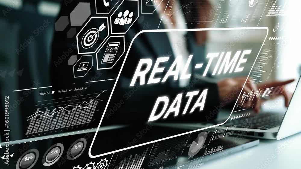 Poster business professional analyzing real-time data on a laptop with innovative visualization technology 