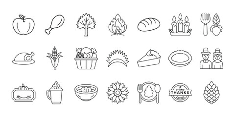 Thanksgiving Day Vector Icon Set. Editable Stroke Icons for Autumn Harvest, Food, and Celebration