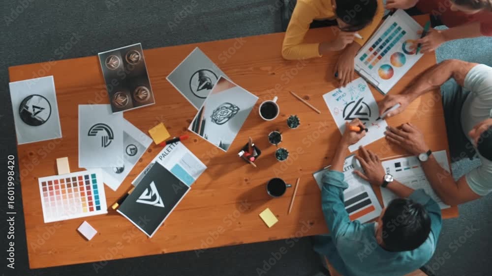 Aufkleber top down aerial view of designer looking at tablet while project manager choosing color palettes. ti