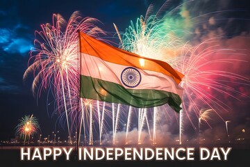 Indian flag waves vibrantly against a colorful fireworks display, celebrating freedom and the spirit of Independence Day.