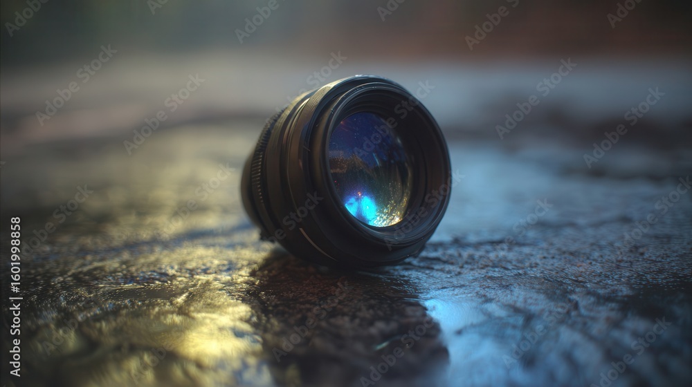 Poster a close-up view of a camera lens resting on a textured surface.