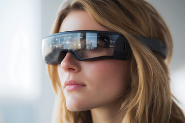 Woman Wearing Futuristic Black Glasses with Reflective Lenses – High-Tech Fashion Concept for Innovation, Science, and Technology