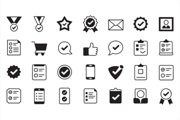 Set of Icons Including Checkmarks, Medals, and Documents for Approval and Completion