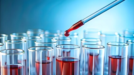 Pipette dropping red liquid into test tube laboratory