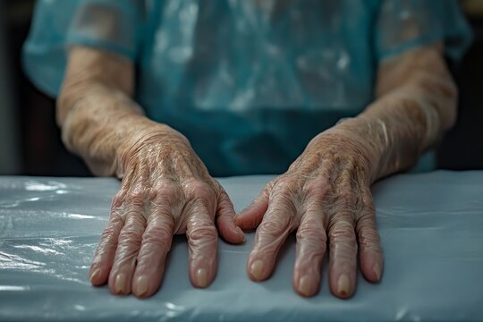 Close-up of senior patient's hands on an examination table in the hospital, symbolizing the emotional and physical challenges faced by elderly individuals in healthcare settings, Generative AI