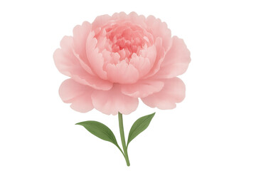 Beautiful pink peony flower blooming on its stem with green leaves, isolated on transparent background