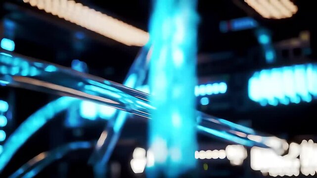 Futuristic AI supercomputer cooling system, with glowing liquid tubes circulating rapidly in dark server room.

