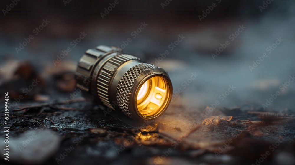 Poster illuminated metallic device on a textured surface.