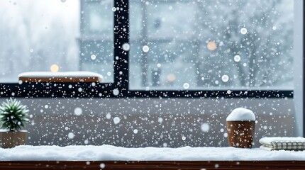 snowfall on the windowsill of the house, winter background.