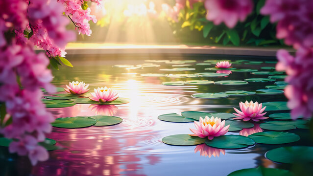 Pink Lotus Pond - Tranquil Reflection, A peaceful pond scene featuring vibrant pink lotus flowers gently floating on the water's surface. 