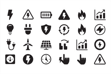 Black and White Energy Icons Collection for Power and Sustainability