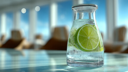 Refreshing beverage with lime slices on a sunny day at a modern dining area