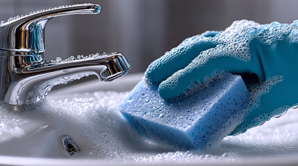 Hands washing dishes with a sponge under the faucet in a bright kitchen, showcasing daily cleaning routine and hygiene practices