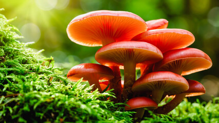 Vibrant Orange Mushrooms on Mossy Forest Floor, A close-up view of a cluster of bright orange mushrooms emerging from a lush bed of green moss in a natural forest setting.