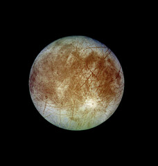 Detailed view of Europa, Jupiter's enigmatic icy moon, showcasing its fractured surface in deep space.