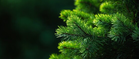 Pine Tree Branch Closeup with Bright Green Needles in Uniform Pattern, Soft Natural Lighting, Densely Packed Canopy, Low Angle View
