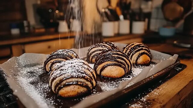 Chocolate-glazed pastries on a baking sheet