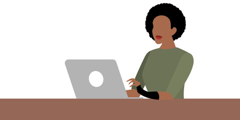 Woman suffering from carpal tunnel syndrome uses laptop wearing wrist support brace