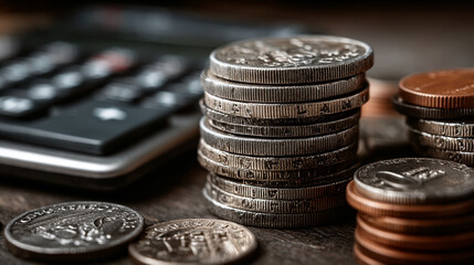 Stacks of coins and a calculator on a wooden surface showcasing financial planning and budgeting