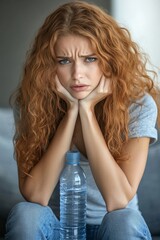 Woman suffering from menstrual pain at home, using a  water bottle to relieve cramps. The scene highlights the challenges of dealing with health issues such as endometriosis, Generative AI