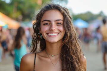 Beautiful young woman at a summer festival, smiling and posing for a photo while enjoying the vibrant atmosphere of the event, Generative AI
